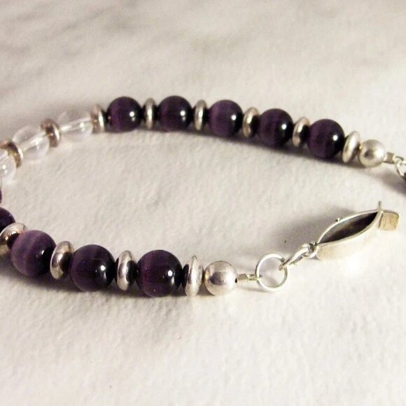 Sterling Silver Purple Cat’s Eye & Quartz Bead Bracelet 8 Inch - Picture 4 of 4